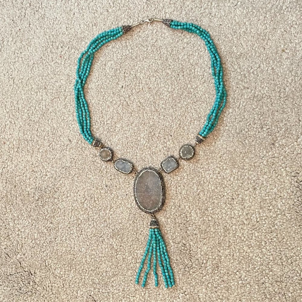 Turquoise Beads Crystal Natural Stones Tassel Pendant Necklace